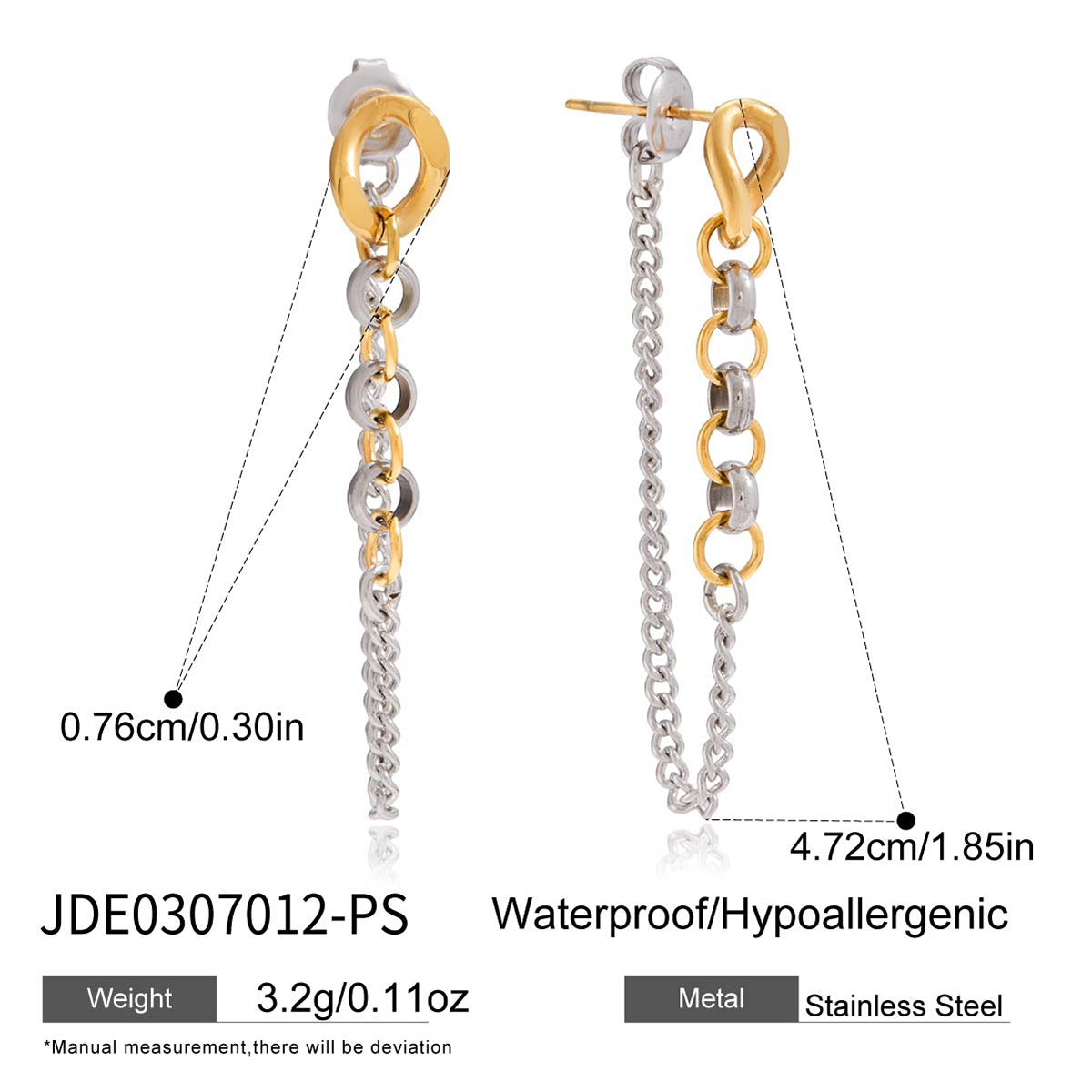 Stainless Steel Color Block Chain Tassel Earrings Studs18K Ornament