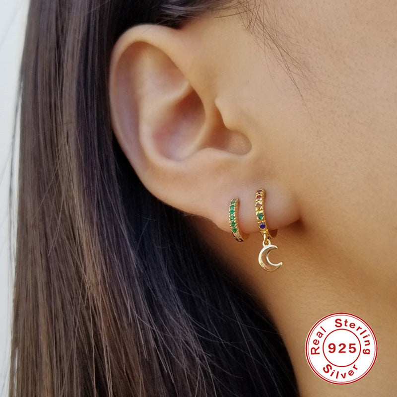 S925Sterling Silver Round Micro Pave Zircon Trendy Colorful Ear Cuffs Multi Size Earrings Hoop Earring