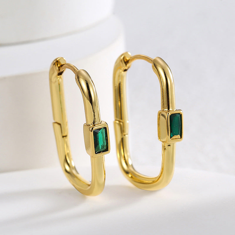 E0520 Simple Design Earrings for Women, Brass Gold-Plated with Green Zircon Ear Clips