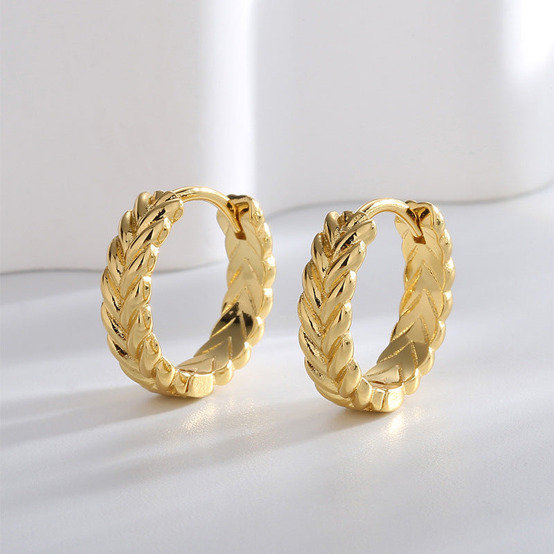 E0529 Simple Wheat Ear Earrings for Women, Brass Gold-Plated Fashionable Smooth Geometric Round Hoop Earrings
