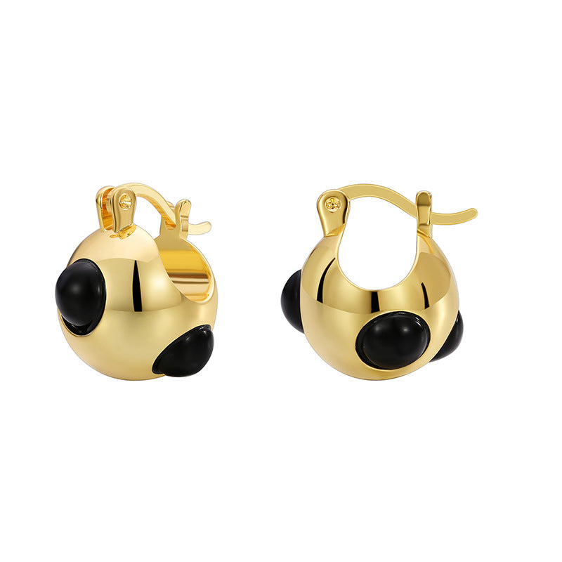 E0625 casual fashion Earrings Female Brass Gold Plated Black Agate Sphere Ear Buckle