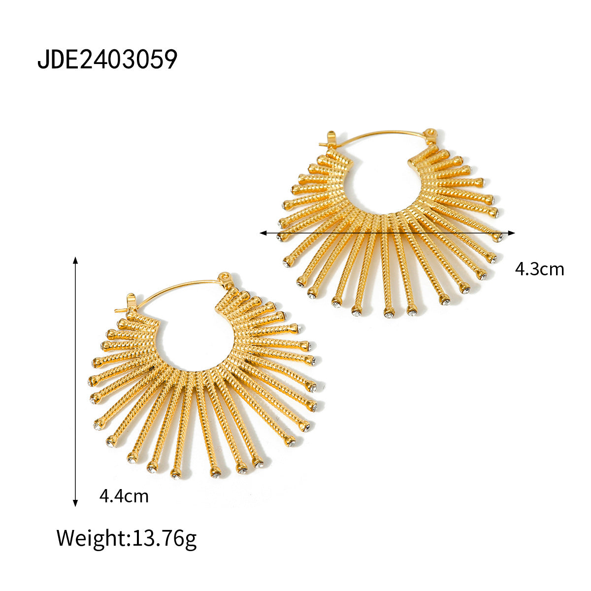 2H2025New Summer18k Gold Stainless Steel Stud Earrings with Rhinestones for Women, Exaggerated Metal Fan-Shaped Rhinestone Earrings