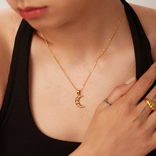 Crescent Moon Cubic Zirconia Pendant Stainless Steel 18K Gold-Plated Necklace — design detail