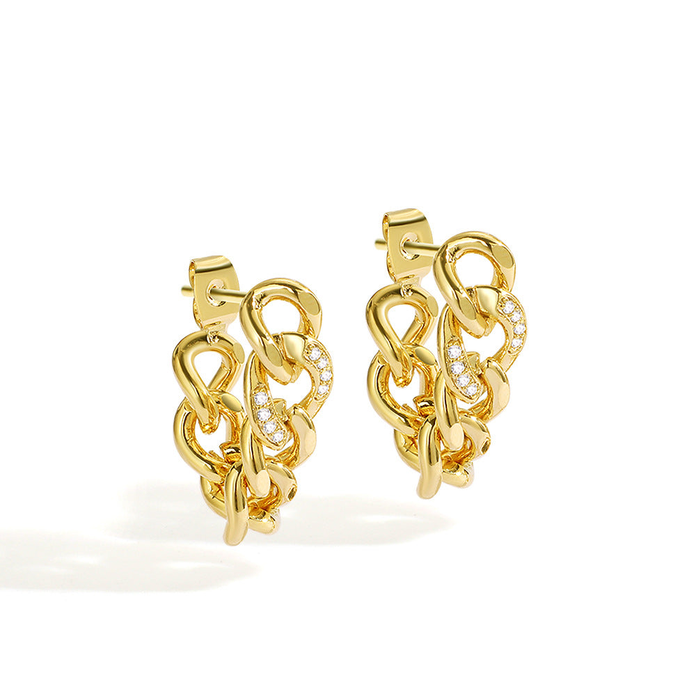 E0122 Minimalist Metal Chain Inlaid Diamond Earrings Fashion Front and Back Design Stud Earrings