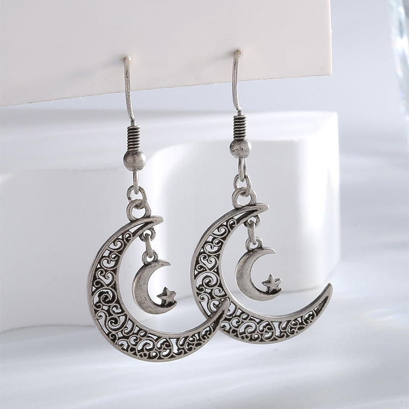 E0709 Fashion Star Moon Crescent Hook Earrings for Women Retro Vintage silver Hollow Earrings