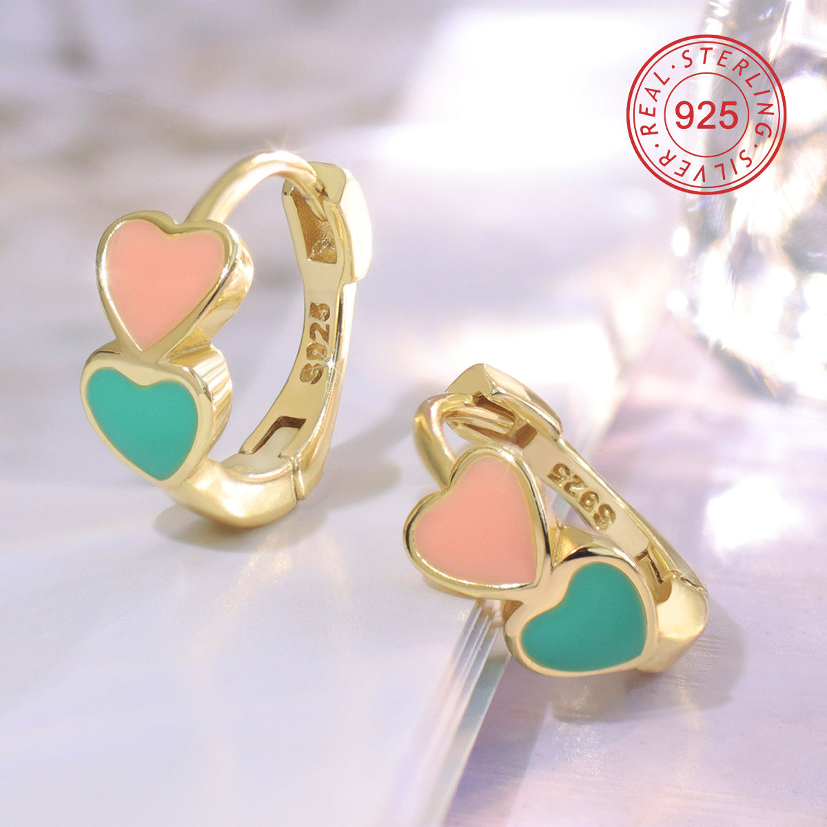 SE0131 S925Silver plating14K Gold Double Heart Colorful Resin Earrings for Women Fashion Simple Ear Accessories