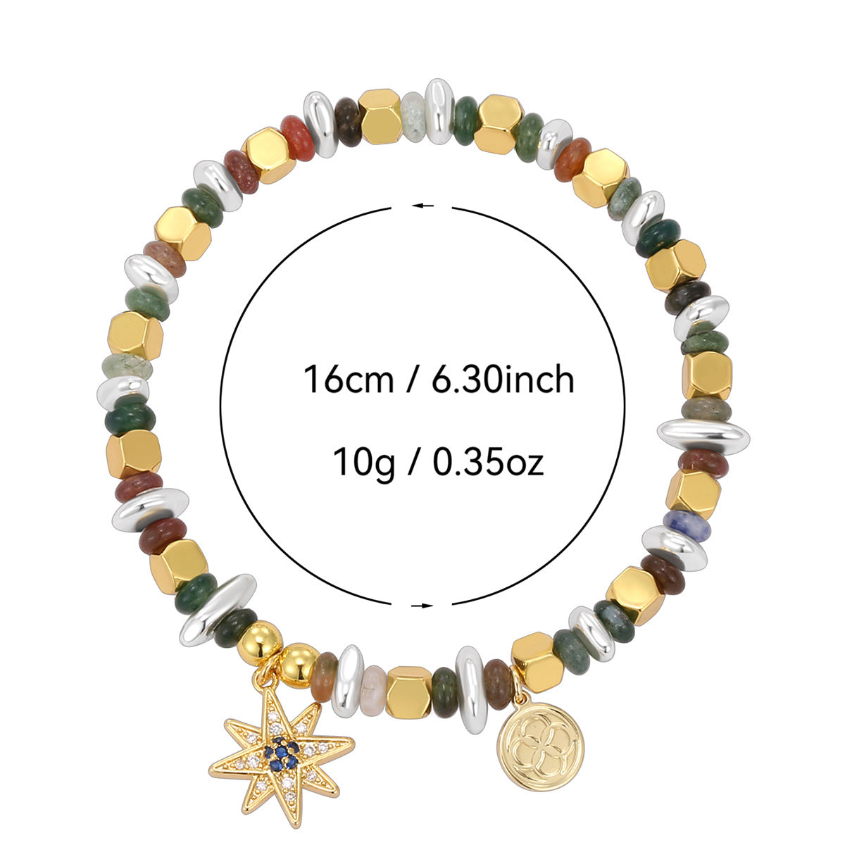 B0280 Eight-Pointed Star Inlaid Zircon Vintage Beaded Indian Mala Bracelet Handmade