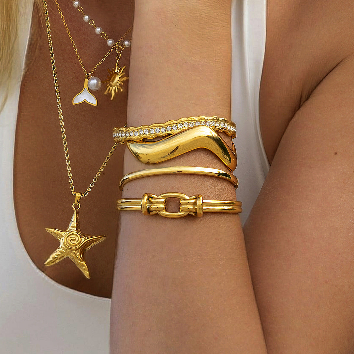 Stainless Steel Pearl Necklace Accessories Stacked Bracelet Flower Ring Jewelry