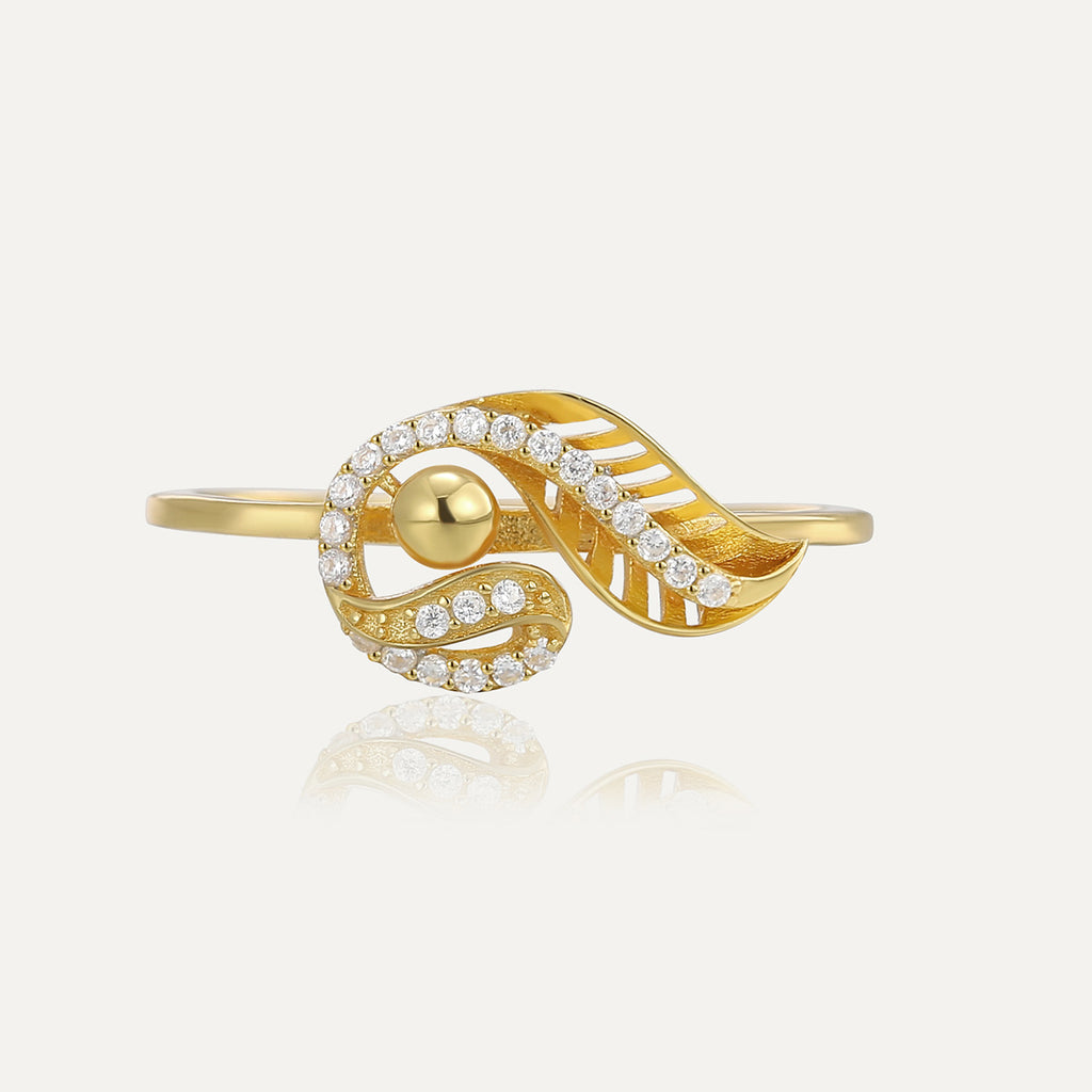 SR0007 S925Silver plating14K Gold Feather Inlaid Zircon Hollow Ring for Women Elegant Simple Design