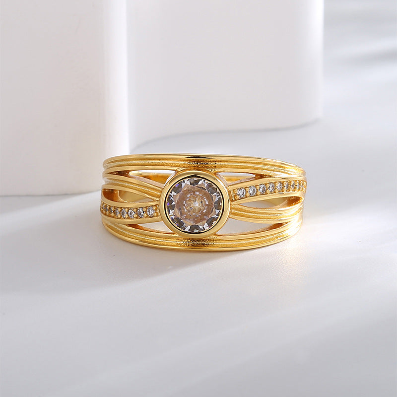 R0319 Fashion Hollow Zircon Ring for Women Brass Gold-Plated Simple Minimalist Ring