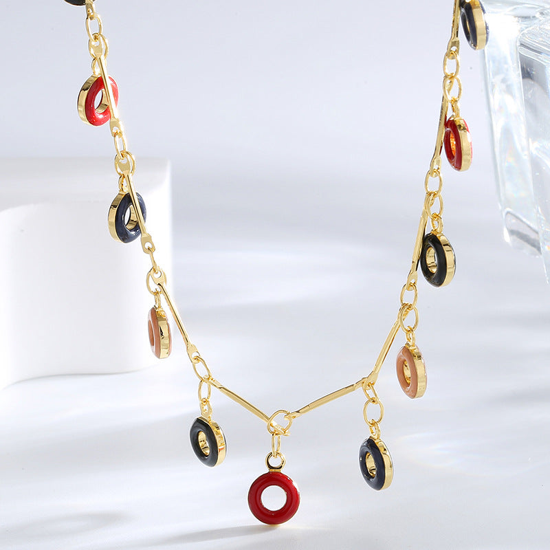 N0256 Vintage Fashion Donut Necklace for Women Copper Gold-Plated Multi-Color Resin Pendant