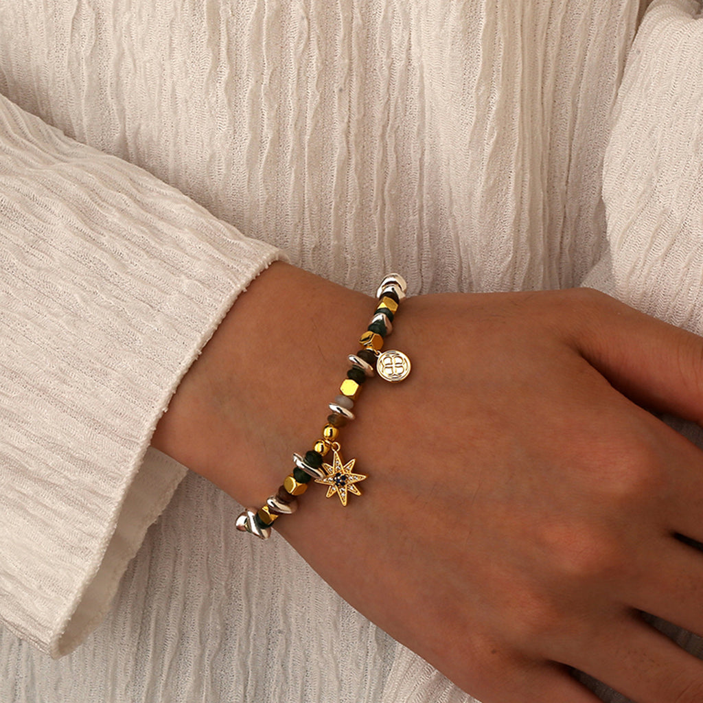 B0280 Eight-Pointed Star Inlaid Zircon Vintage Beaded Indian Mala Bracelet Handmade