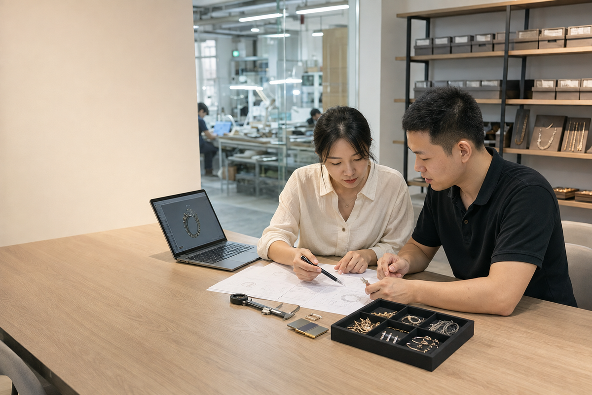 Chinese wholesale jewelry project team reviewing a client drawing, CAD model, plating swatches and jewelry samples