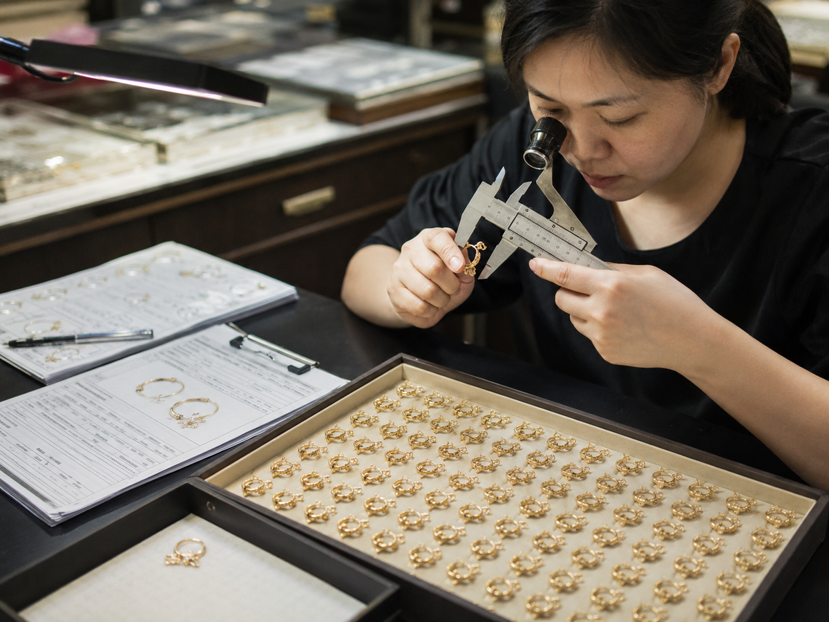 Chinese quality inspector comparing approved jewelry samples with bulk production