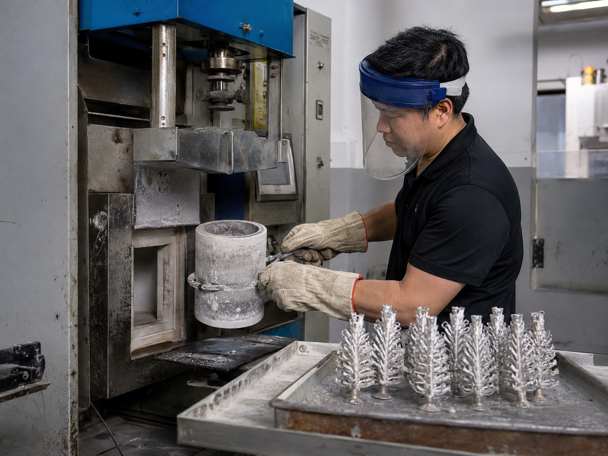 Chinese casting technician preparing custom jewelry production in a Dongguan workshop