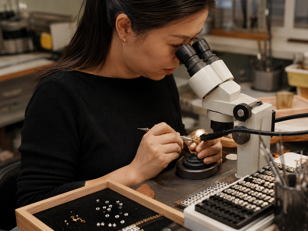 Chinese jewelry craftsperson setting tiny cubic zirconia stones under a microscope