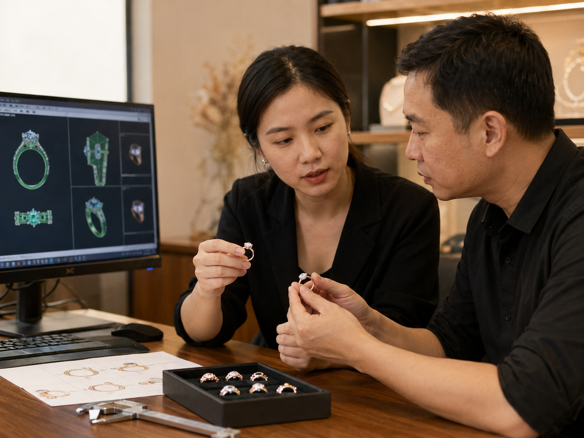 Chinese jewelry designer reviewing ring construction and cost-saving options