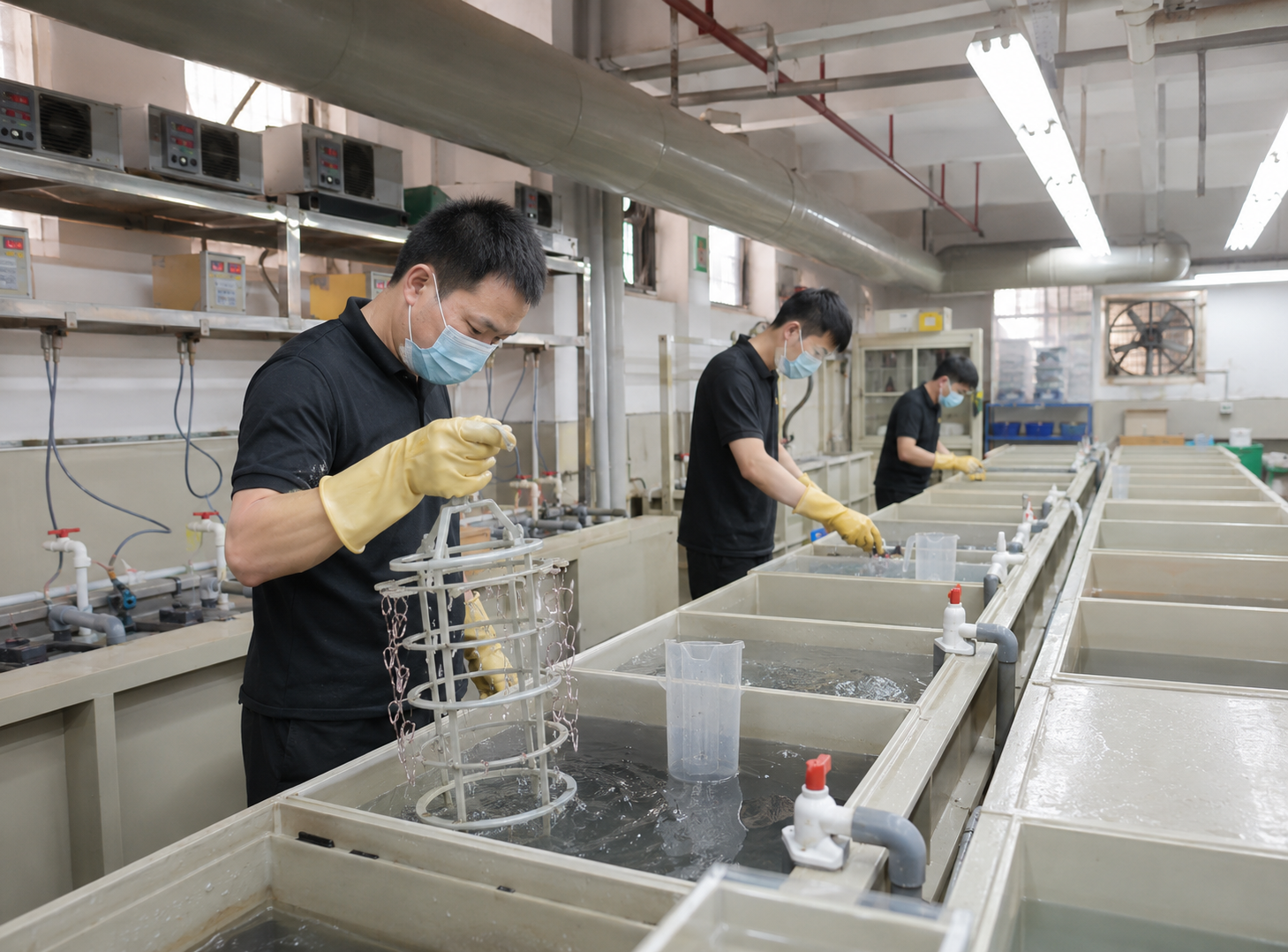 Chinese technicians operating a clean jewelry electroplating line in a Dongguan factory