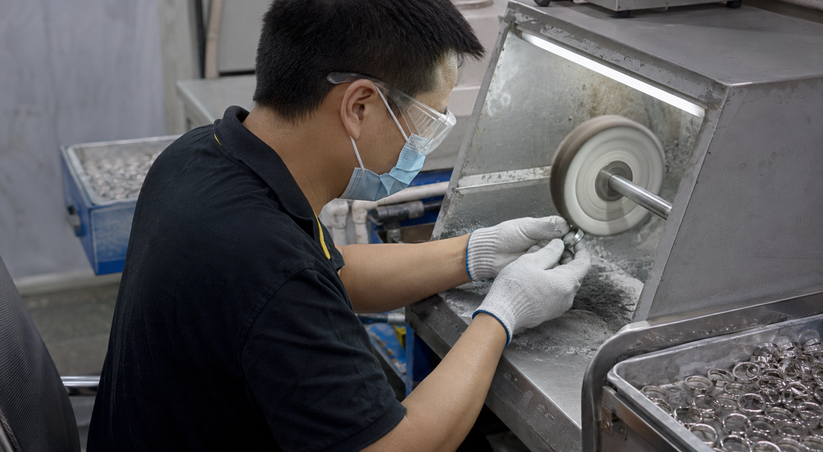 Chinese jewelry technician hand polishing custom metal jewelry at a workshop bench