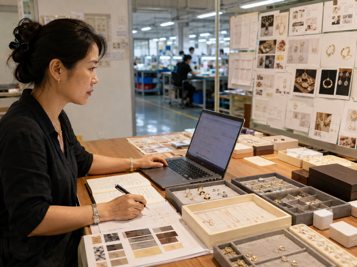 Chinese jewelry production coordinator reviewing sample and launch schedules