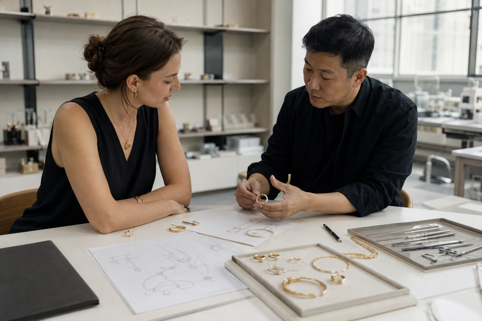 Jewelry brand founder discussing a custom jewelry collection with an experienced manufacturing team