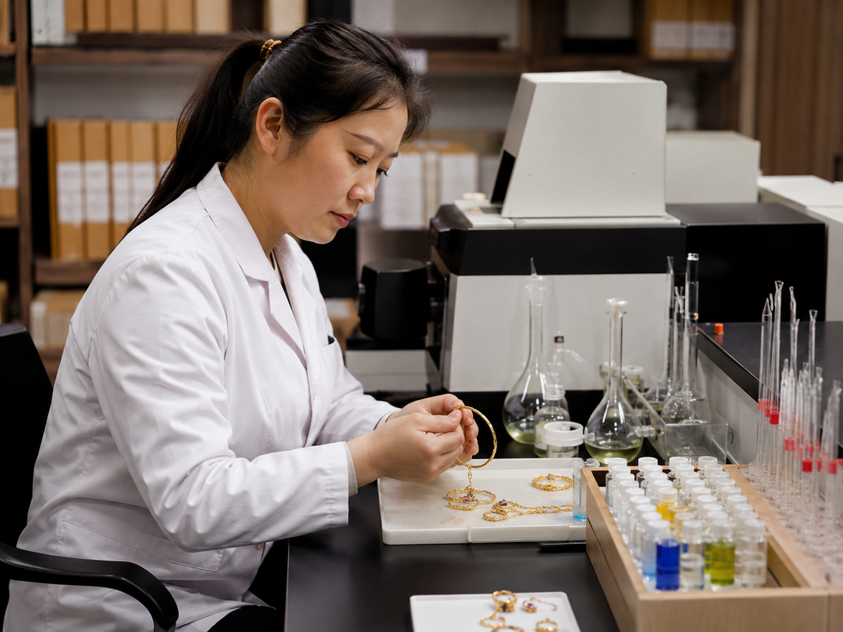 Chinese jewelry laboratory technician reviewing destination-market material requirements