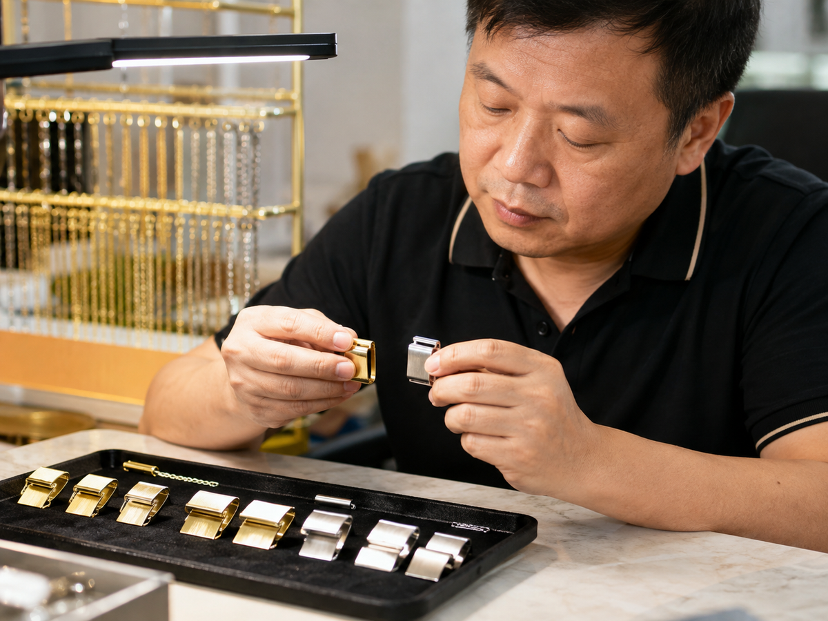 Chinese jewelry finishing specialist comparing stainless steel brass and silver samples