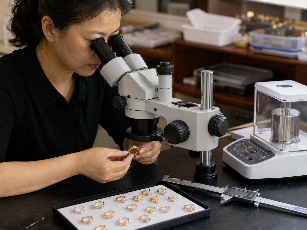 Chinese jewelry inspector checking stone setting and agreed production quality