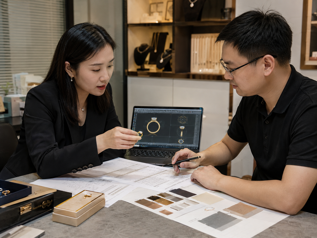 Chinese custom jewelry team reviewing a transparent OEM project quotation
