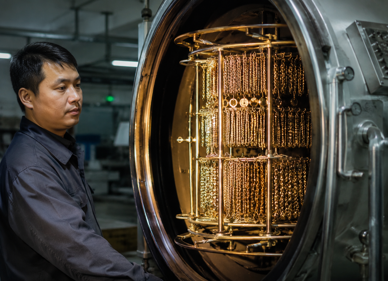Chinese PVD technician loading a rack of gold-plated jewelry into a vacuum coating chamber