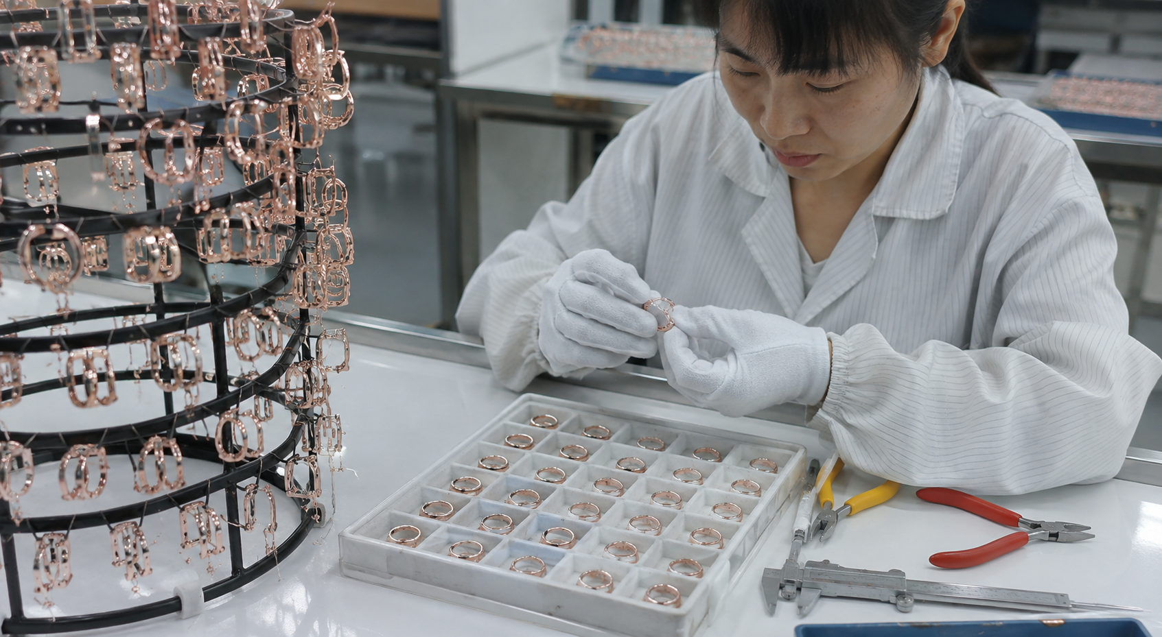 Chinese jewelry technician inspecting approved custom jewelry samples against the design