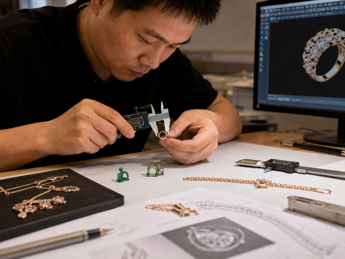 Chinese jewelry technician measuring custom ring width and pendant dimensions