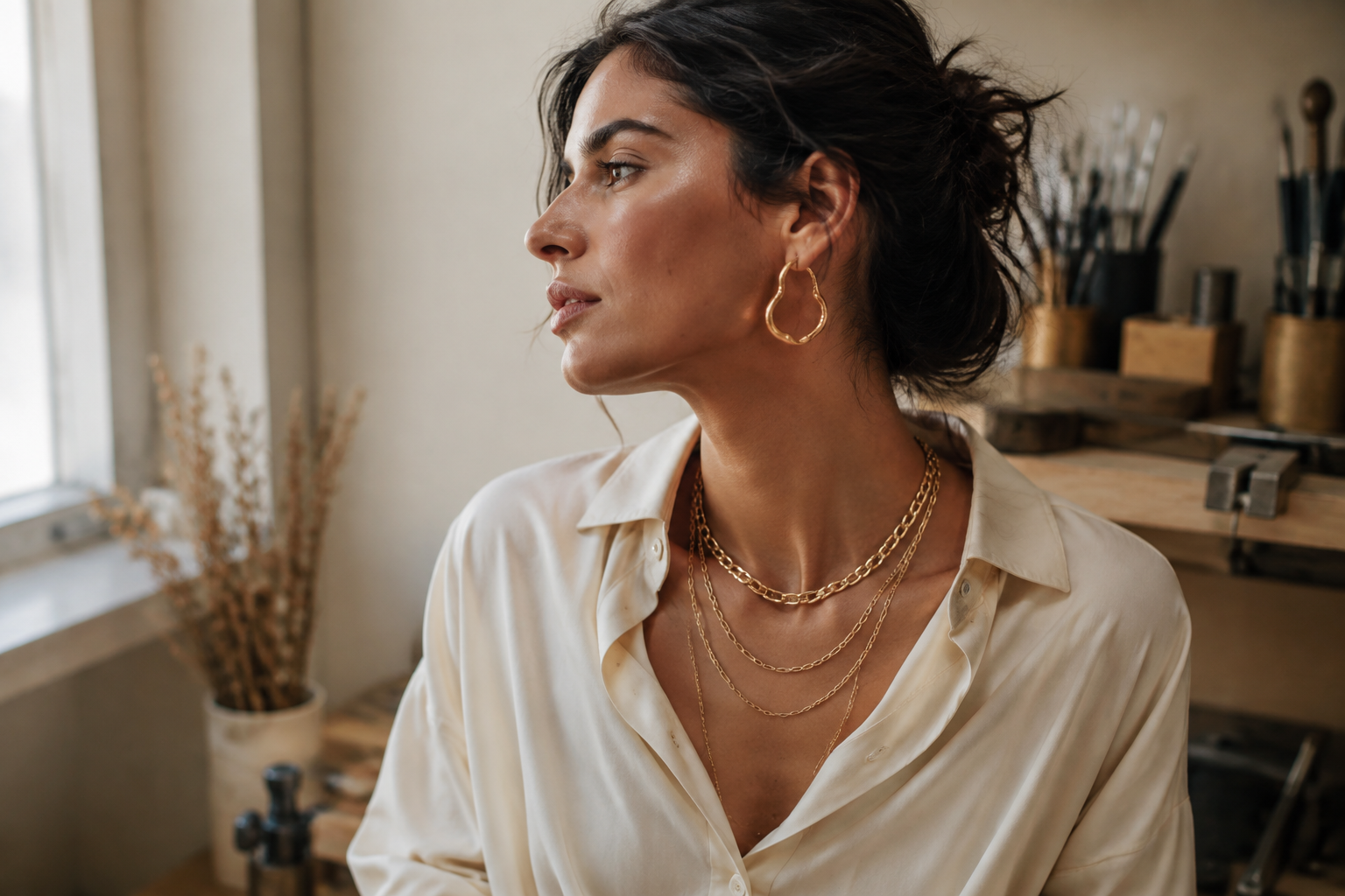 Model wearing custom gold-plated layered necklaces and hoop earrings for a private-label jewelry brand