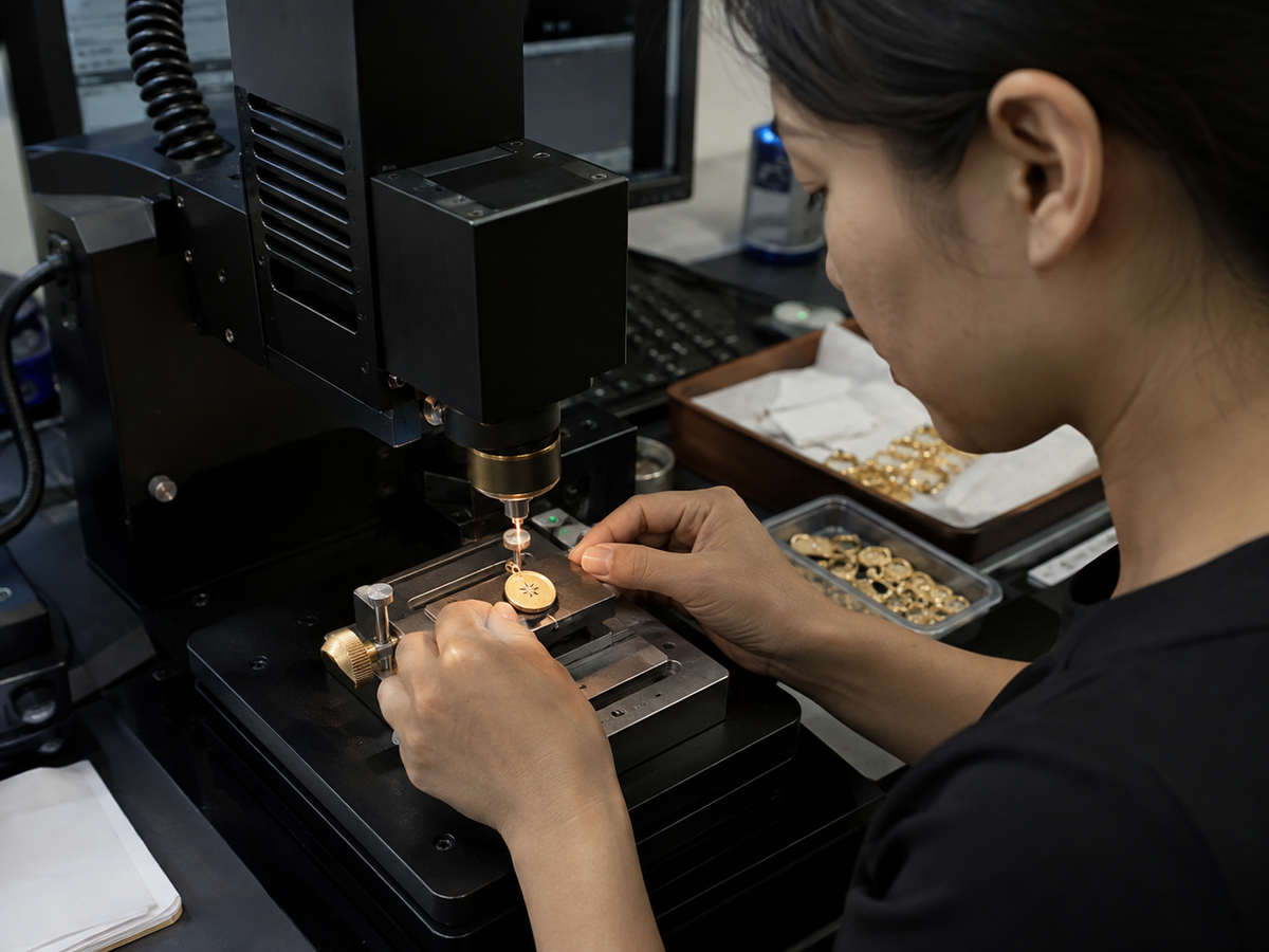 Chinese jewelry technician preparing private-label laser engraving on a pendant