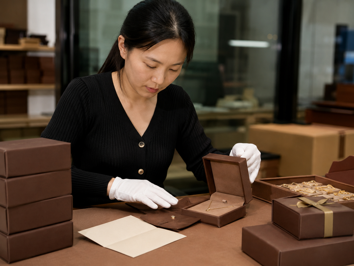 Chinese jewelry packaging specialist arranging a private-label box pouch and care card