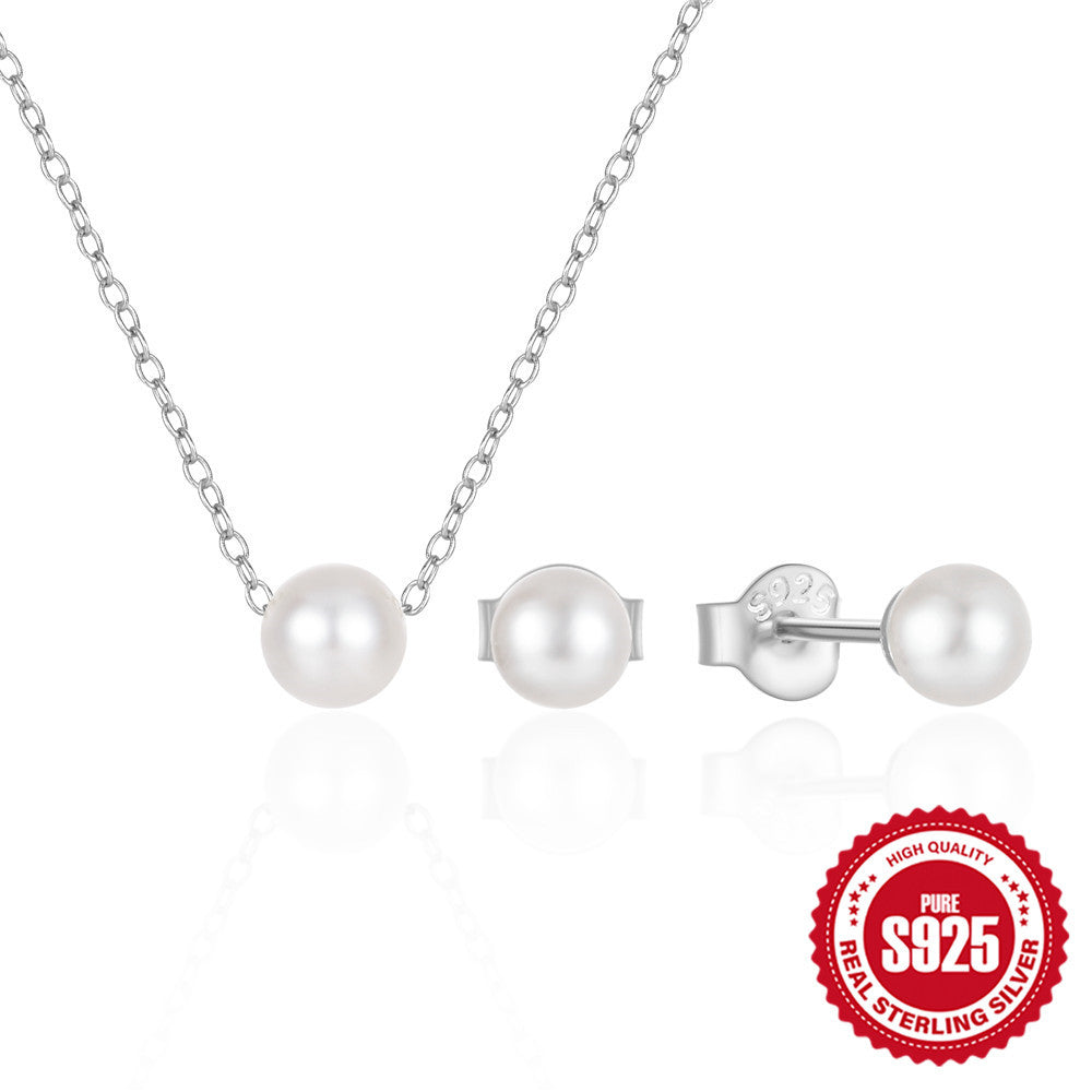 S925 Sterling Silver Pearl Earrings Necklace Set With Collarbone Chain