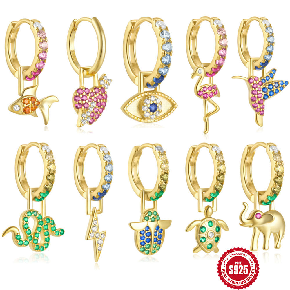 925Sterling Silver Inlaid Diamond Animal Goldfish Pendant Hoop Earrings Hot-Selling Heart Lightning Earrings for Women