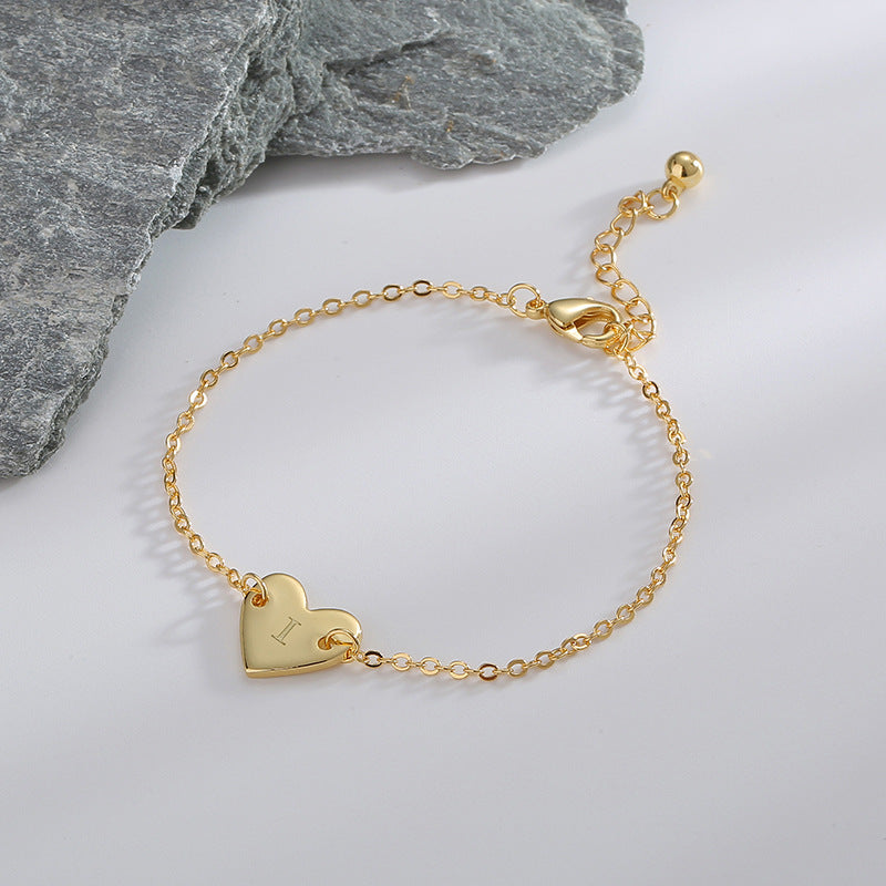 B0182  Korean Version Fashion Simple Heart-shaped Bracelet for Women gold Love Heart26Minimalist Letter Style