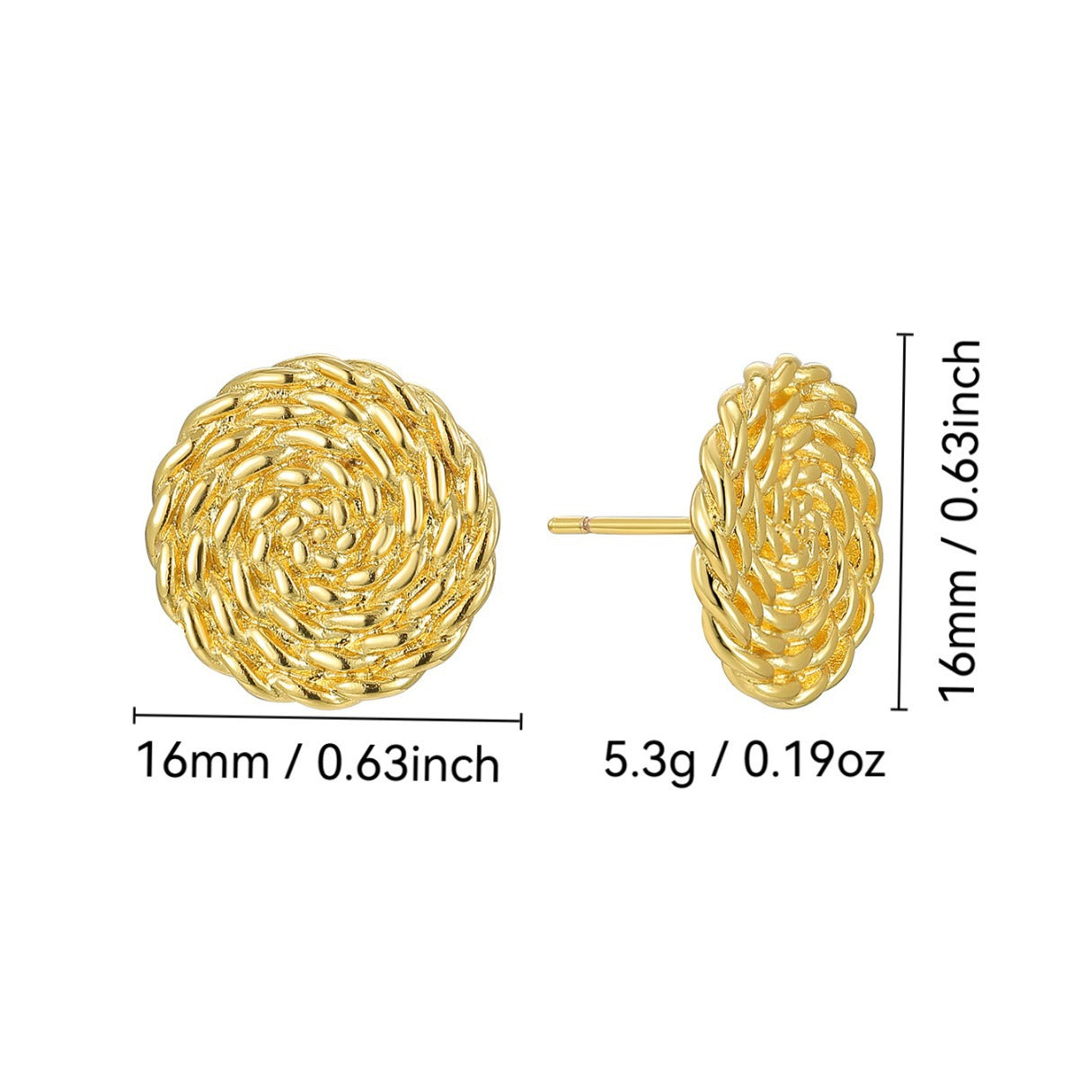 E0784 Vintage Twisted Pattern Earrings for Women, Brass Gold-Plated, Exaggerated Round Autumn Winter Style Earrings