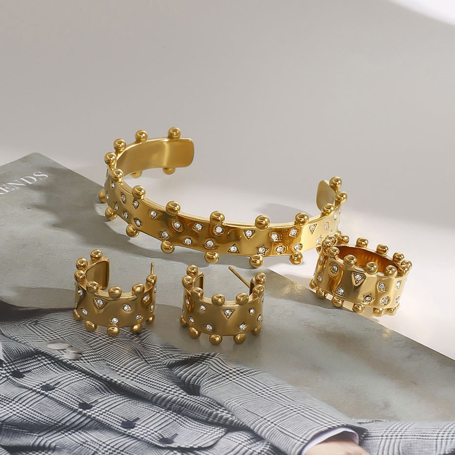 2H Stainless Steel Jewelry with Diamond Stud Earrings, Non-Fading Bracelet, and Ring