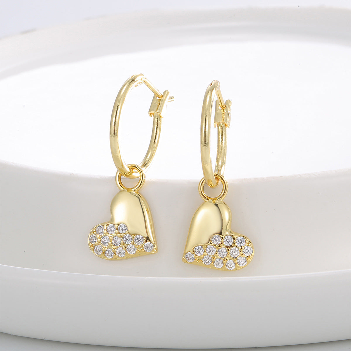 E0822 Fashion Earrings for Women, Gold-Plated Heart Half Zirconia Drop Earrings