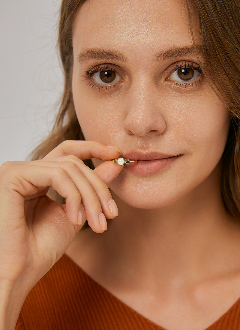 R0238 French Fashion Simple Green Zircon Joint Finger Ring for Women Iridescent Opal Ring