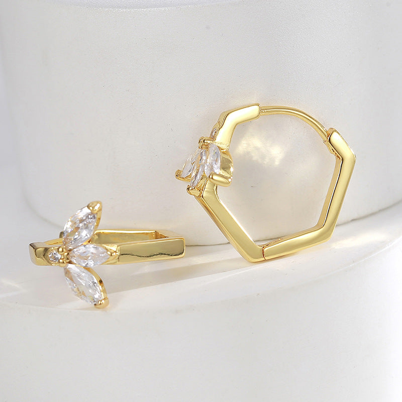 E0475 Fashion Earrings for Women Copper Gold Plated Leaf Zircon Geometric Earrings