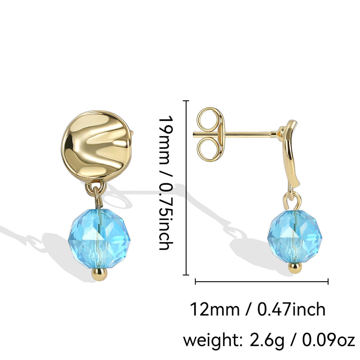 E0427 Iridescent Lake Blue Glass Bead Brass Women's Elegant Earrings