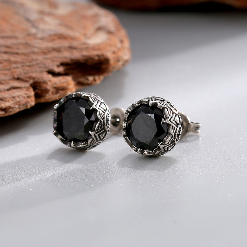 E0724 Black Zircon Stud Earrings For Women Minimalist Antique Silver