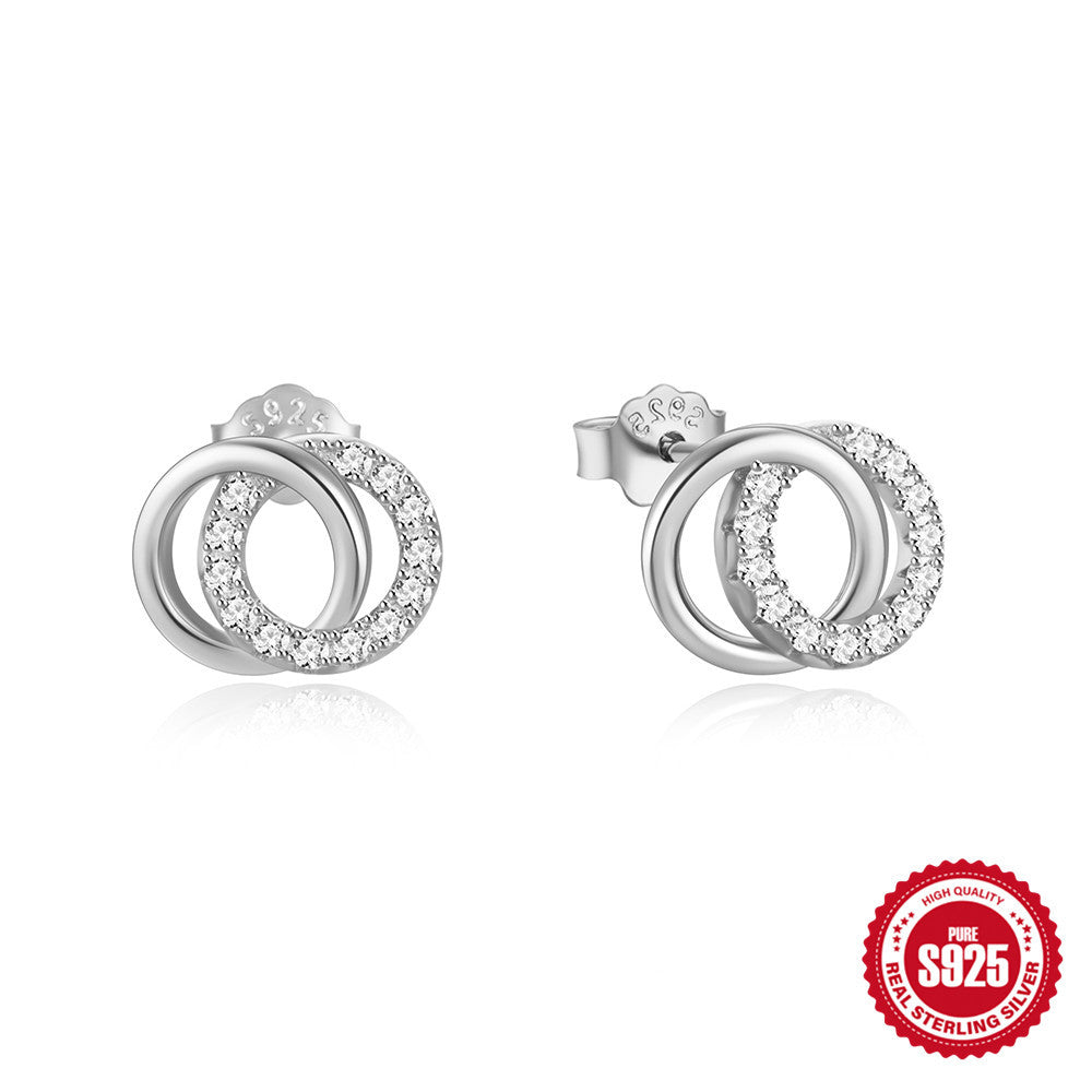 925Sterling Silver Double Circle Diamond Stud Earrings Korean Style Design Sense Simple New Earrings