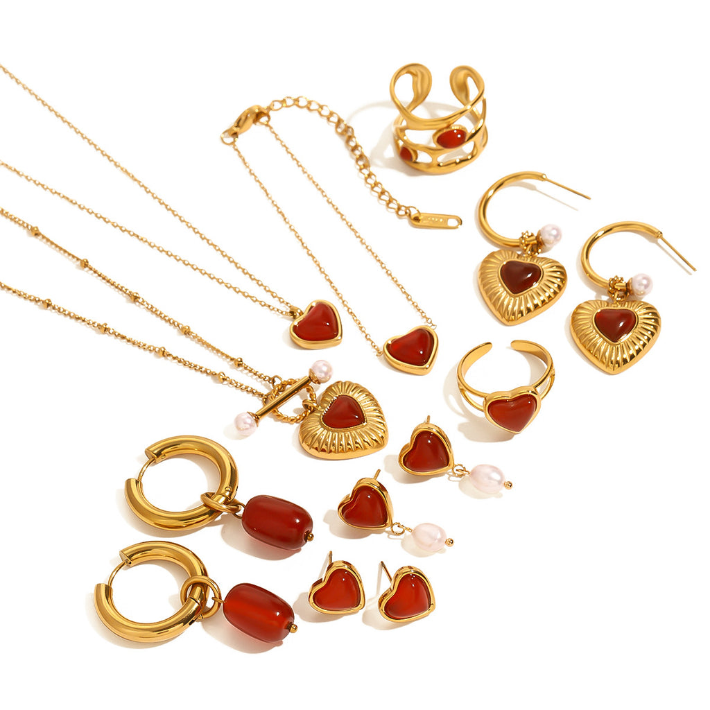 18k Gold Stainless Steel Red Agate Love Heart Necklace Pendant Earrings Ring