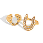 2H18K Gold and White Diamond Horseshoe-shaped Open Ring Non-fading Stainless Steel Jewelry ring