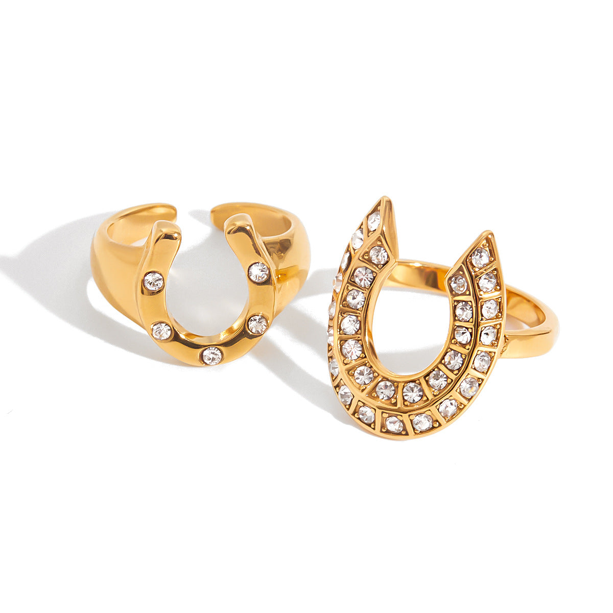 2H18K Gold and White Diamond Horseshoe-shaped Open Ring Non-fading Stainless Steel Jewelry ring