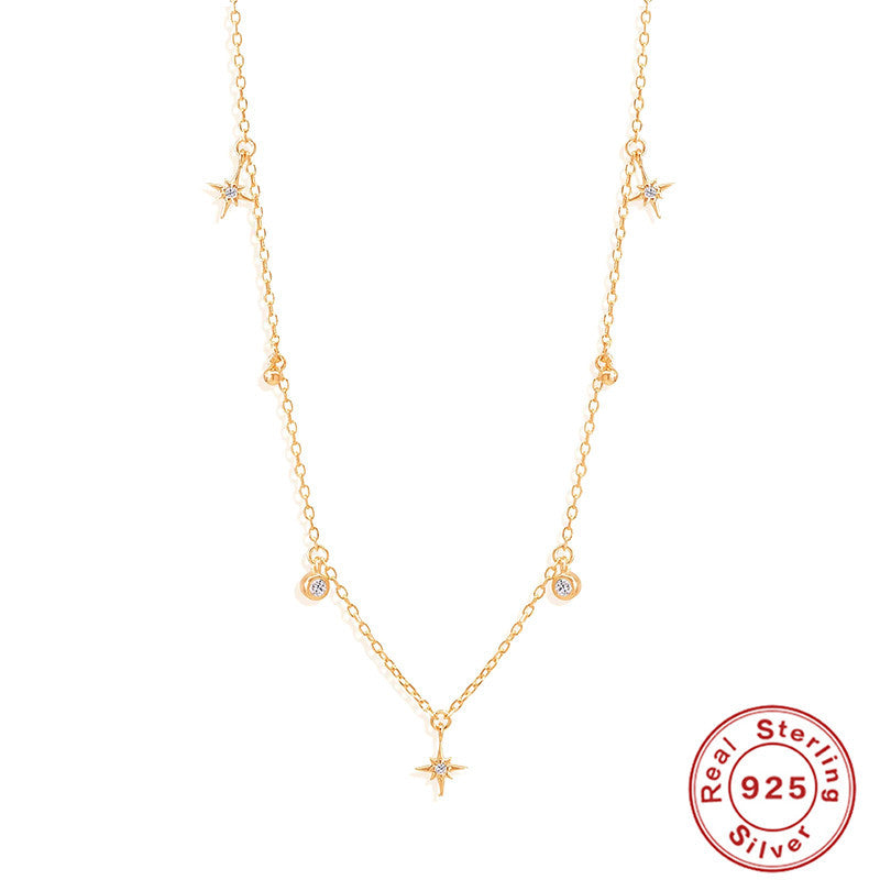 S925 Sterling Silver Octagonal Star Necklace With Diamonds And Pearl